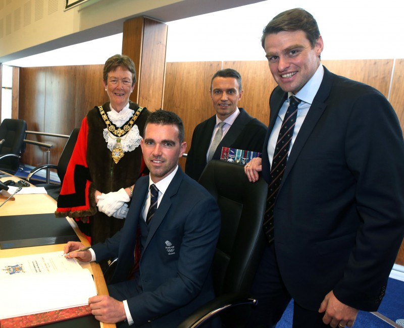 Richard Chambers pictured with the Mayor, Councillor Joan Baird OBE, Chief Executive David Jackson and Alan Campbell.