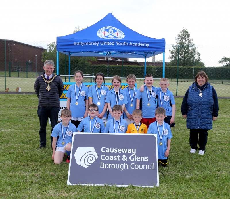 Dunloy Athletic, Section 2 winners of Pappy’s Bakery Friendship Soccer League, pictured with the Mayor of Causeway Coast and Glens Borough Council Alderman Mark Fielding and Mayoress, Mrs Phyllis Fielding.