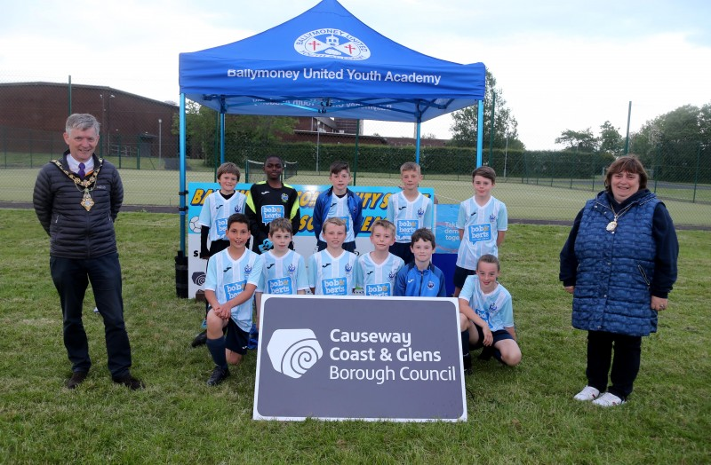 Portstewart Sky Blues, participants in Pappy’s Bakery Friendship Soccer League, pictured with the Mayor of Causeway Coast and Glens Borough Council Alderman Mark Fielding and Mayoress, Mrs Phyllis Fielding.