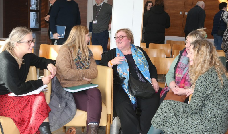 Carolyn from Burnfoot Community Development Association, Catriona from The Sandel Centre and Hazel and Janice from Bovalley Community Association enjoy a catch up at the Meet the Funder event, along with Catherine Farrimond from Causeway Coast and Glens Borough Council’s Community Development team.