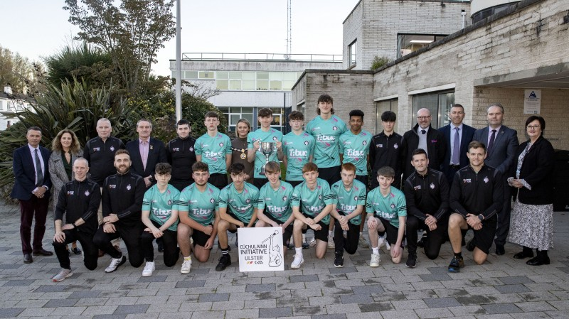 Members of the Limavady Cúchulainns team, made up of pupils from St Mary's High School, Limavady Grammar and Limavady High School, who won the recent All-Britain competition in London, pictured with the Deputy Mayor of Causeway Coast and Glens Borough Council, Councillor Kathleen McGurk, and guests at the Council offices in Limavady where a reception was held to mark the success.