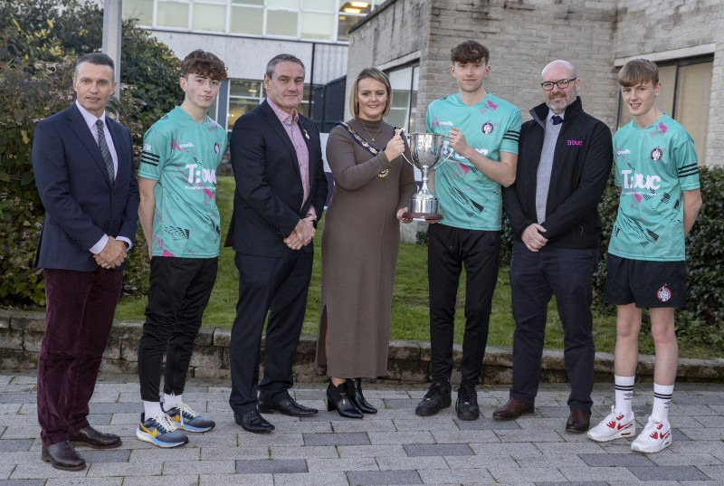 David Jackson, Chief Executive of Causeway Coast and Glens Borough Council, Ben Moore from Limavady Grammar School, Ciaran McLaughlin, GAA President, Deputy Mayor of Causeway Coast and Glens Borough Council, Councillor Kathleen McGurk, Luke Dennison from Limavady High School, Andy Smith, NI Executive, and Darragh McLean from St Mary’s High School, pictured at the Council Offices in Limavady where a reception was held to recognise Limavady Cúchulainns success at the recent All-Britain competition in London.