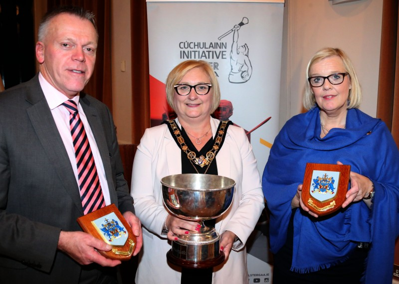 The Mayor of Causeway Coast and Glens Borough Council Councillor Brenda Chivers pictured with Tom Skelton from Dalriada School and Moira Buckley, Our Lady of Lourdes.
