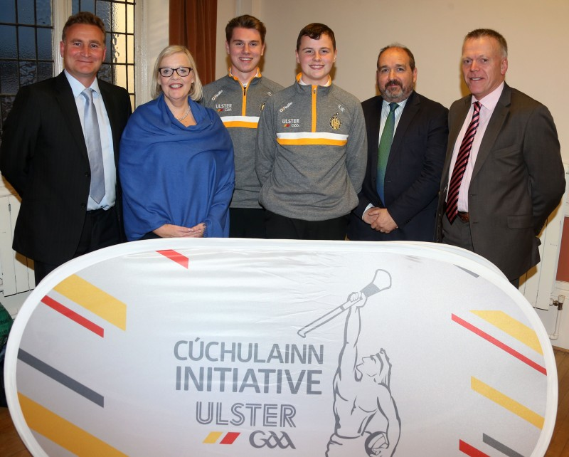 Brendan Kirgan and Moira Buckley from Our Lady of Lourdes School Ballymoney with John Devlin and Tom Skelton from Dalriada School with the Ballymoney Cúchulainn team joint captains Billy Dougan (Dalriada School) and Shea Wallace (Our Lady of Lourdes School).