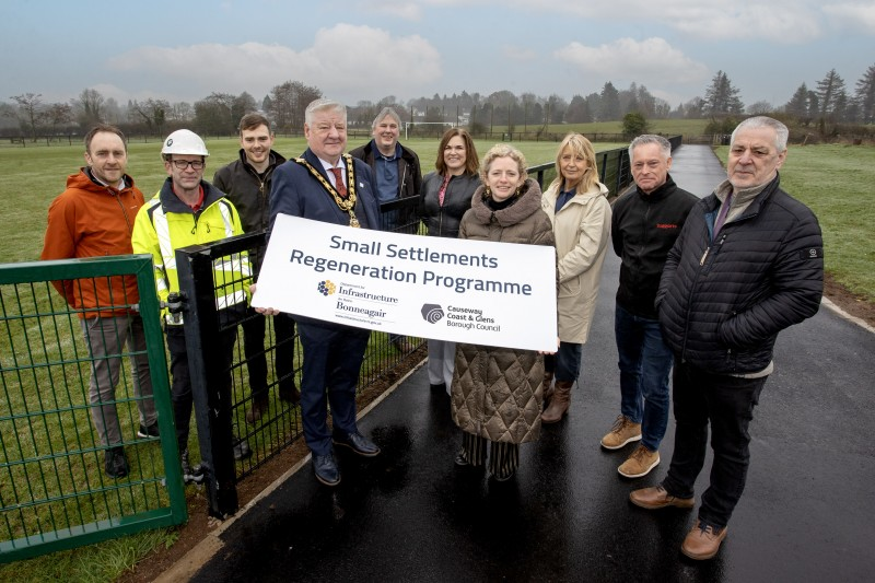 Pictured at the official opening of the new all ability cycle/walking path at Clyde Park, Garvagh are (L-R) Mark Strong, Council’s Coast & Countryside Officer; Greg McDaid, Site Engineer, Northstone Materials Limited; Jake Mailey, Council’s Capital Projects Officer, Mayor of Causeway Coast and Glens, Councillor Steven Callaghan, Cllr Richard Holmes; Julienne Elliot, Council’s Town & Village Manager; Pat Mulvenna, Council’s Director of Leisure & Development; Wendy McCullough, Council’s Head of Sport & Wellbeing; Duncan Jamieson, Project Manager representing Taggarts; and Nigel McFadden, Project Co-Ordinator.