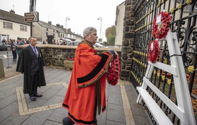 The Mayor of Causeway Coast and Glens Borough Council, Councillor Richard Holmes, lays a wreath on behalf of the citizens of the Borough at Garvagh War Memorial on Remembrance Sunday