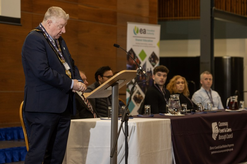 Broadcaster, Mark Carruthers facilitating the panel question and answer session at Pupil Voice, held in Ulster University Coleraine.