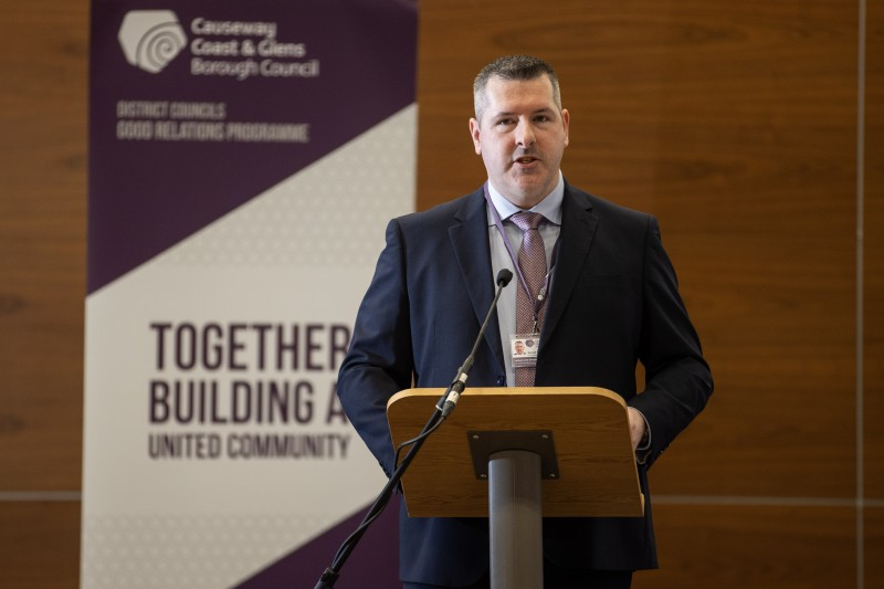 Ulster Unionist Party Member, Councillor John Wisener in discussion with pupils and teachers at the Pupil Voice event