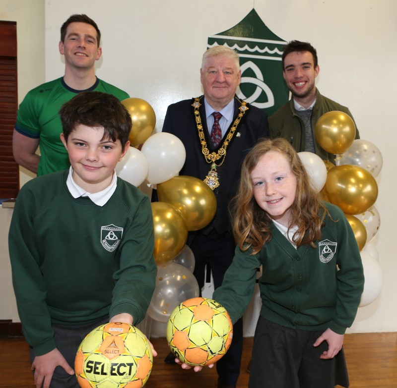 The Mayor, Councillor Steven Callaghan pictured with team captains, Luke and Sarah, alongside Ruaidhri Quinn (St. Patrick's Portrush) and Eugene McKenna (Olympic Handball Ireland NI Development Officer)