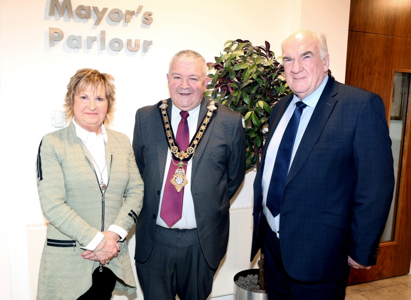 William Oliver DL MBE and his wife Margaret from Coleraine pictured in Cloonavin with the Mayor of Causeway Coast and Glens Borough Council, Councillor Ivor Wallace.