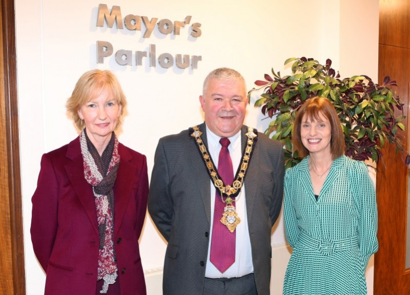 The Mayor of Causeway Coast and Glens Borough Council pictured with Heather Pratt MBE from Limavady and Beverly Sproule.