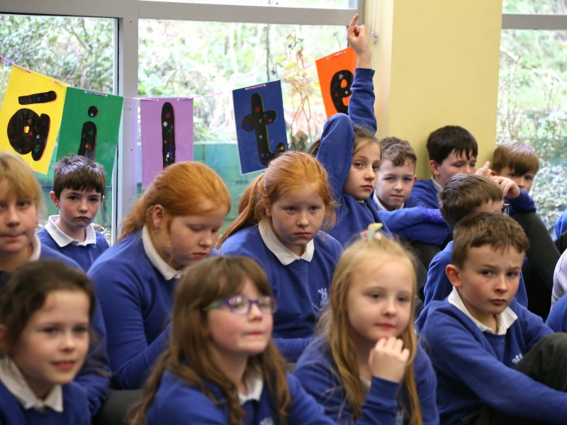 Pupils from Gaelscoil an Chaistil in Ballycastle pictured during a recent visit from the Mayor of Causeway Coast and Glens Borough Council Councillor Brenda Chivers.
