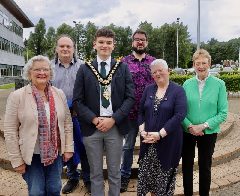 Pictured outside Council’s Civic Headquarters; Mayor of Causeway Coast and Glens Borough Council, Councillor Ciarán McQuillan who joins (front row l-r) Alderman Yvonne Boyle, Mary Farell (recipient of John Hewitt bursary), Joan Baird and (back row l-r) Dr Frank Ferguson Chair of the John Hewitt Society Research Director - English Language and Literature Ulster University and Devin Kennedy (recipient of John Hewitt bursary).
