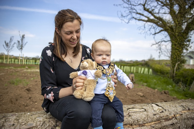Hannah McAuley pictured with her son Albert, who received a Platinum Jubilee teddy bear from Causeway Coast and Glens Borough Council to mark his birthday which occurred on February 6th 2022, 70 years after Queen Elizabeth II’s accession.