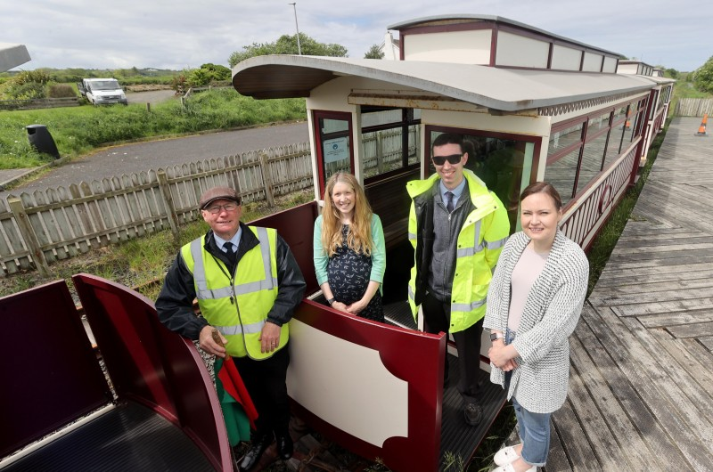 Andy (left) and Philip from the Giant’s Causeway and Bushmills Railway with Museum Officers Jamie Austin & Rachel Archibald.