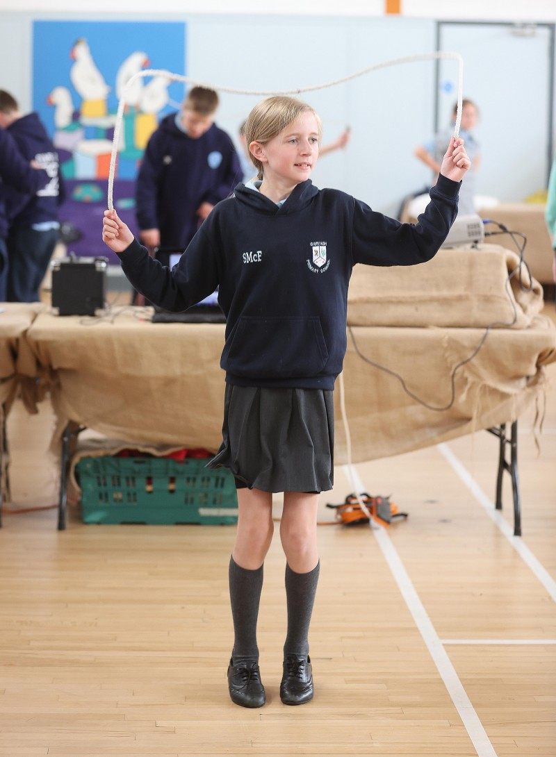 A young pupil enjoys the chance to try some skipping at the Platinum Jubilee schools’ workshop organised by Causeway Coast and Glens Borough Council’s Museums Service