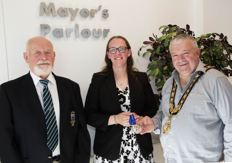 Coleraine Judo Club head coach and President of the Northern Ireland Judo Federation,  Dr Richard Briggs and Collette Kerr pictured with the Mayor of Causeway Coast and Glens Borough Council, Councillor Ivor Wallace. Collette recently won a silver medal at in The National Adaptive and VI Championships, and has now been invited to train with the GB Paralympic Potential Squa