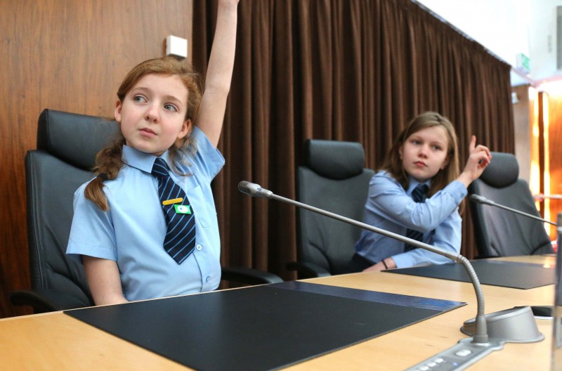 Pupils from Kilrea Primary School pictured in the Council Chamber during their visit to Cloonavin to mark their Green Flag success.