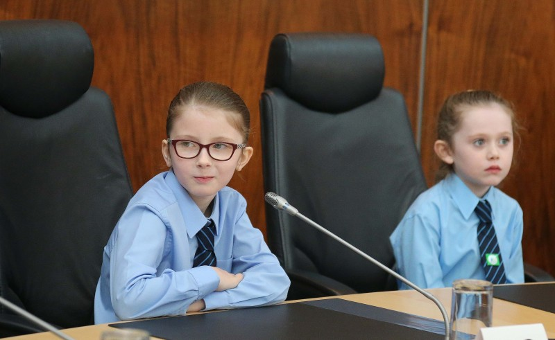 Pupils from Kilrea Primary School pictured in the Council Chamber during their visit to Cloonavin to mark their Green Flag success.