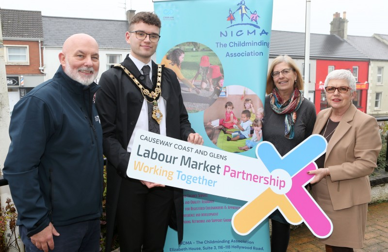 Mayor of Causeway Coast and Glens, Councillor Ciarán McQuillan, launches the Registered Childminder Academy with Marc McGerty from the Labour Market Partnership, with Fiona Clendinning and Paula McLaughlin from NICMA.