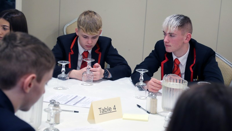 The Mayor of Causeway Coast and Glens Borough Council, Councillor Brenda Chivers pictured with pupils from local secondary schools at the ‘Let’s Talk’ event in The Lodge Hotel, Coleraine.