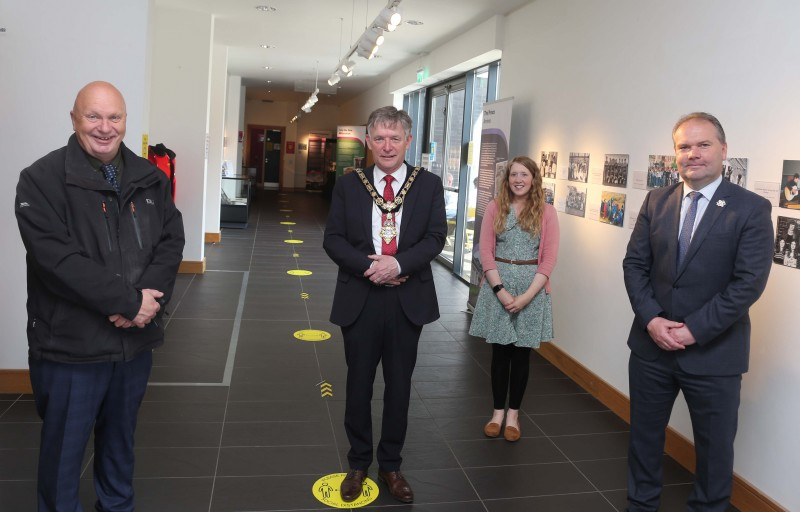 George Dallas, Head of History, the Mayor of Causeway Coast and Glens Borough Council Alderman Mark Fielding, Jamie Austin, Museums Officer and principal Darren Mornin pictured at the launch of the new Limavady High School exhibition at Roe Valley Arts and Cultural Centre.