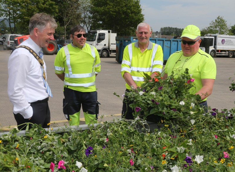 The Mayor of Causeway Coast and Glens Borough Council Alderman Mark Fielding pictured at Limavady depot with Eugene McLaughlin, George Keeley and Owen Anderson.