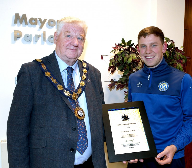 The Mayor, Cllr Steven Callaghan with Limavady United team captain Ruairi Boornan