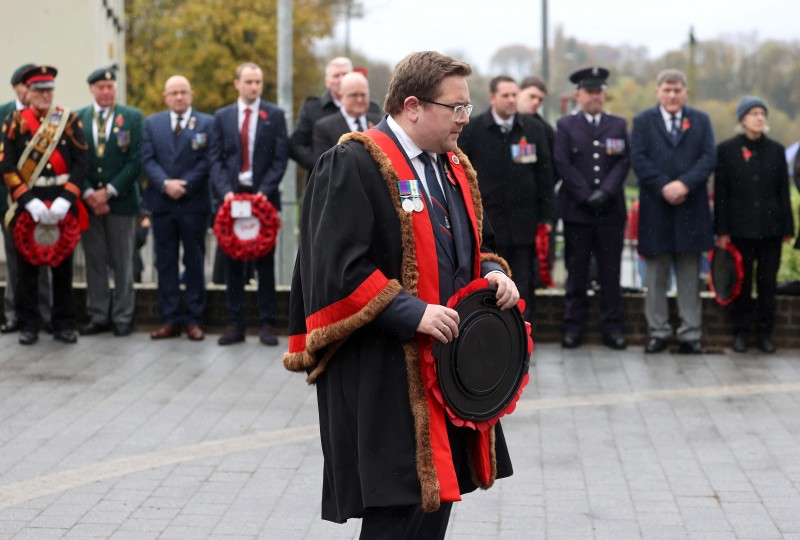 Alderman Aaron Callan laying a wreath at Limavady War Memorial.