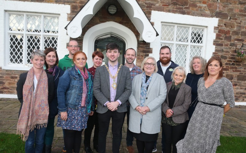 The Mayor of Causeway Coast and Glens Borough Council Councillor Sean Bateson pictured at the launch of the Limavady lamppost banner competition with Julienne Elliott, Town Manager, Causeway Coast and Glens Borough Council, Councillor Ashleen Schenning, Councillor Brenda Chivers and members of the Limavady Town Team.