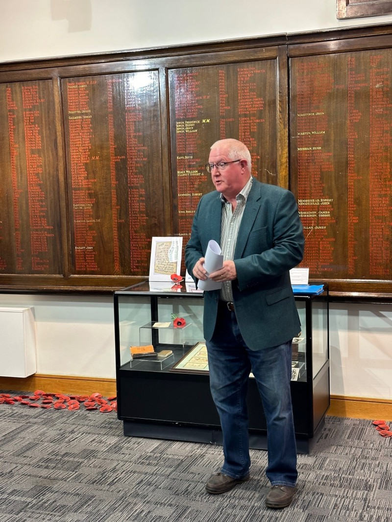 World War One historian Alistair Harper sharing his research on some of the people profiled in the free booklet relating to the history of the Limavady War Memorial Boards.