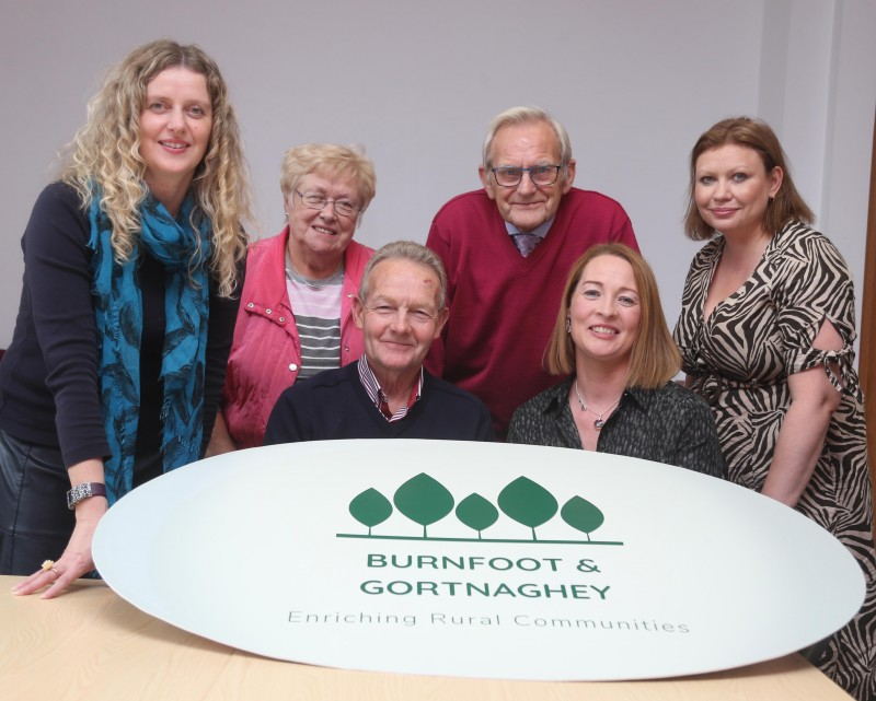Welcoming the Lottery funding are Catherine Farrimond (Causeway Coast and Glens Borough Council Community Development Team) May Black (Burnfoot Seniors), Lyle Quigley (Burnfoot Community Association), Adele McCloskey (Causeway Coast and Glens Borough Council Community Development Team) Boyd Douglas (Burnfoot Community Association), Nolene Burke (Gortnaghey Community Association).