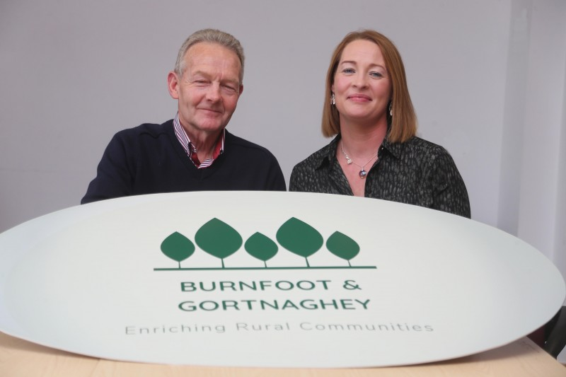 Boyd Douglas representing Burnfoot Community Association and Nolene Burke from Gortnaghey Community Association celebrate the recent funding from the National Lottery Community Fund.