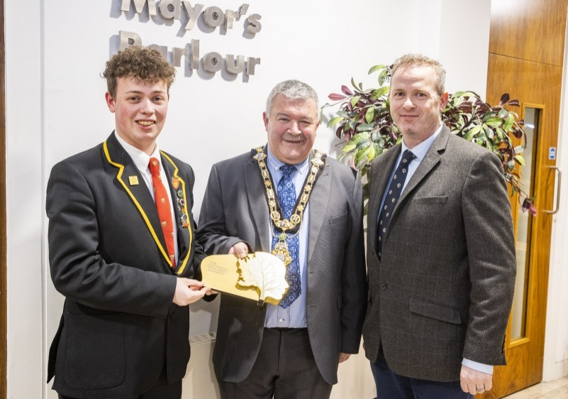 The Mayor of Causeway Coast and Glens Borough Council, Councillor Ivor Wallace, pictured with Limavady High School Head Boy Jack Mc Corkell and his dad, Councillor James McCorkell, at a recent reception in Cloonavin.