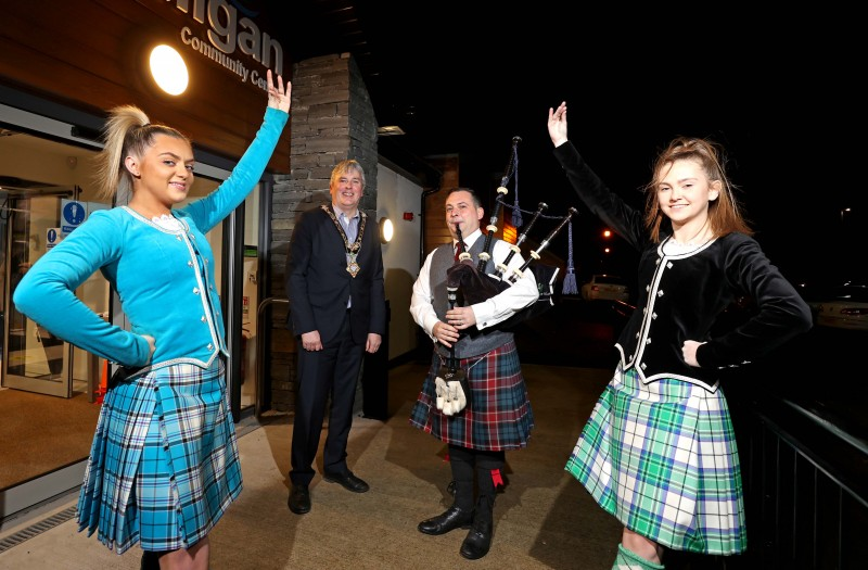 The Mayor of Causeway Coast and Glens Borough Council Councillor Richard Holmes pictured at Magilligan Community Centre with piper Darren Milligan and Megan Henderson and Emily Peart from the Sollus School of Highland Dance.