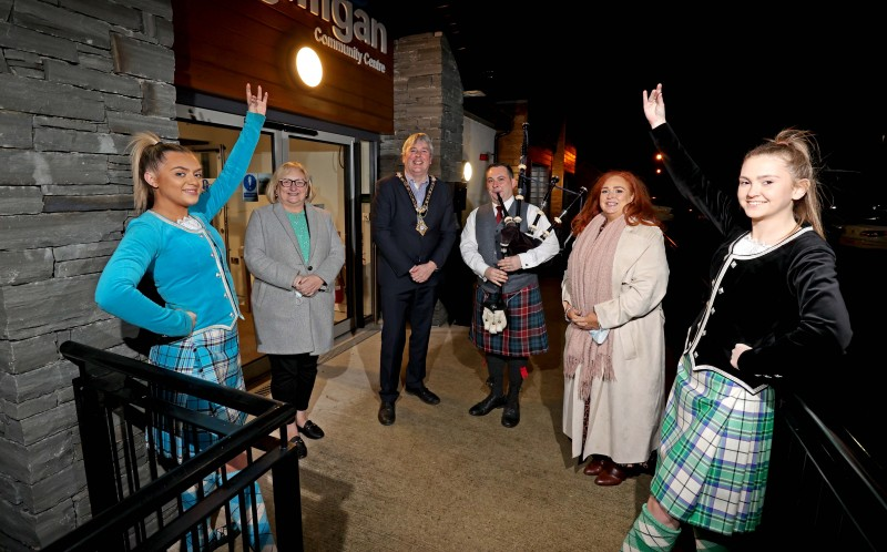 The Mayor of Causeway Coast and Glens Borough Council Councillor Richard Holmes pictured at Magilligan Community Centre with Councillor Brenda Chivers, Councillor Ashleen Schenning, piper Darren Milligan and Megan Henderson and Emily Peart from the Sollus School of Highland Dance.