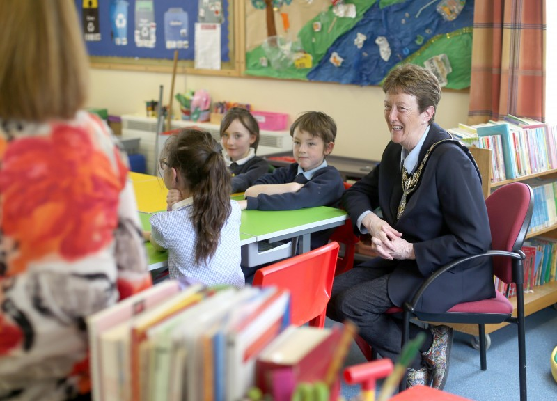The Mayor of Causeway Coast and Glens Borough Council Councillor Joan Baird OBE pictured during her visit to St Patrick's Primary School in Glenariff.
