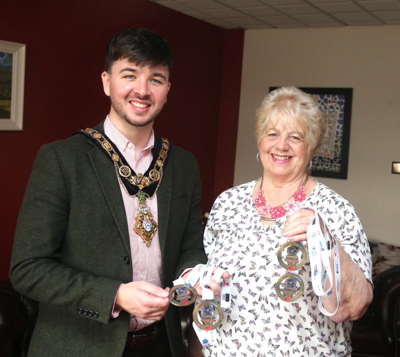 The Mayor of Causeway Coast and Glens Borough Council Councillor Sean Bateson congratulates Bernie McLaughlin on her recent success at The Transplant Games.