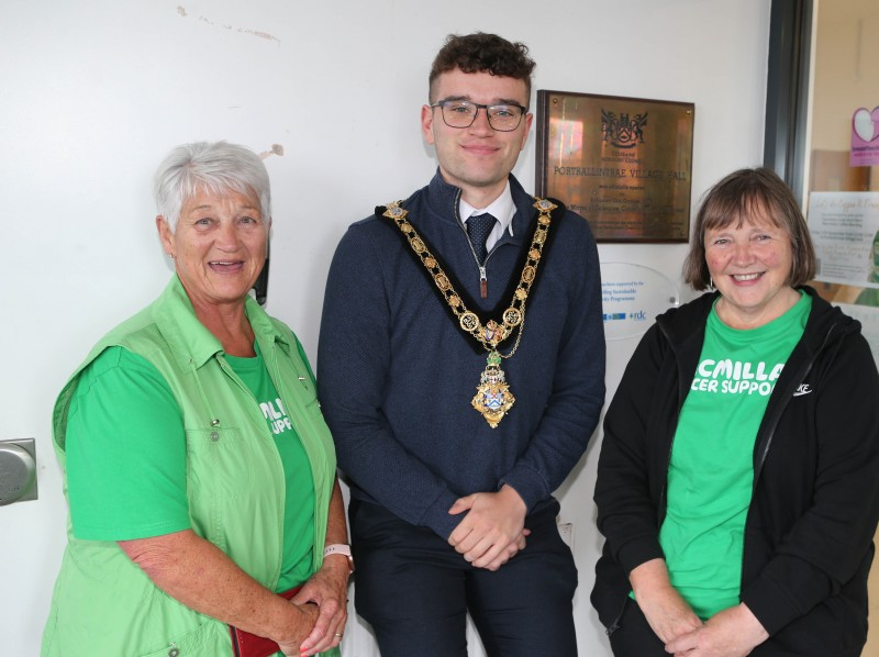 Mayor of Causeway Coast and Glens, Councillor Ciarán McQuillan with Linda McCandless and Margie Leemam at Council’s Macmillan Coffee Morning held in Portballintrae Village Hall.