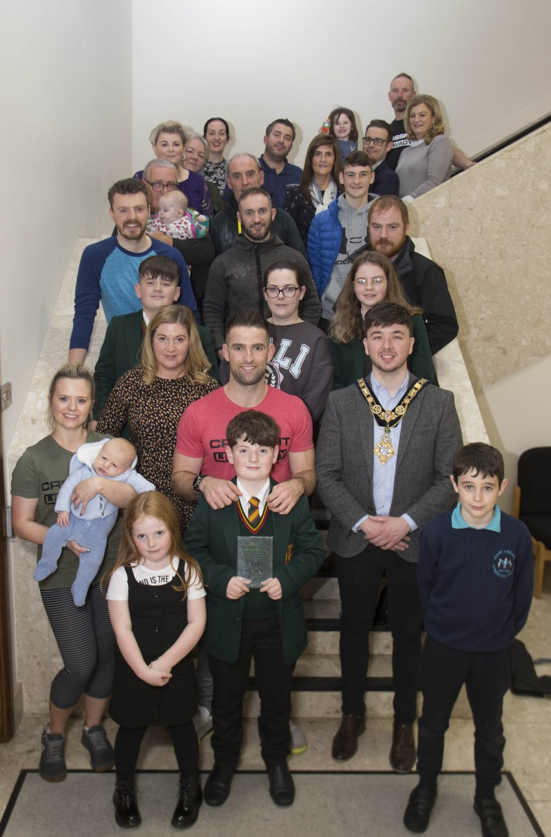 The Mayor of Causeway Coast and Glens Borough Council Councillor Sean Bateson pictured with Michael Walsh and his family, friends and supporters at a special event to mark his success at the International Functional Fitness Federation- IF3 World Championships in Australia.