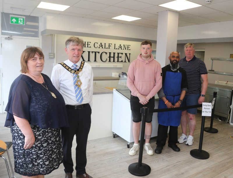 The Mayor of Causeway Coast and Glens Borough Council Alderman Mark Fielding and the Mayoress, Mrs Phyliss Fielding, pictured with Jamie Ellis, Alexandra Patrick and Billy Ellis during his visit to Millburn Community Association’s premises.