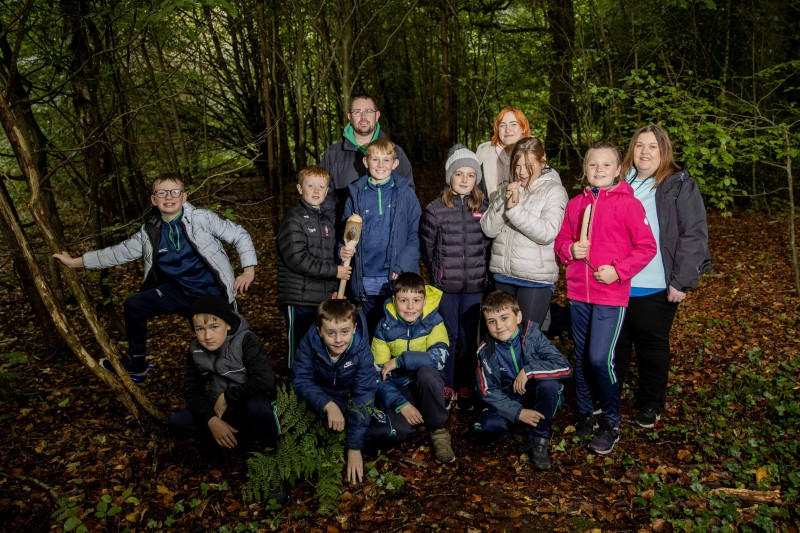 Staff and pupils from St Canice’s Primary School Feeny, with students from Ulster University School of Education and Nic Wright from Causeway Coast and Glens Museum Services after a workshop looking at stone age technology.