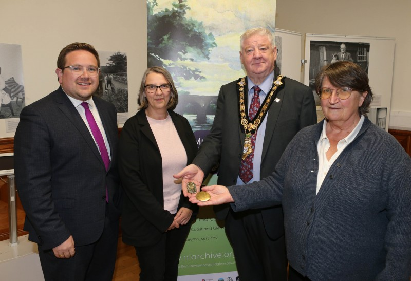 Mayor of Causeway Coast and Glens, Councillor Stephen Callaghan alongside Aaron Callan (Secretary of Coleraine Historical Society), Fiona Pegrum (Chair of Coleraine Historical Society) and Sally Forwood.