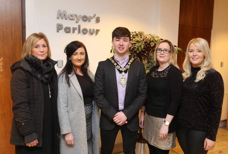The Mayor of Causeway Coast and Glens Borough Council Councillor Sean Bateson pictured with the Ballycastle 4-Hand Céilí Dancers.