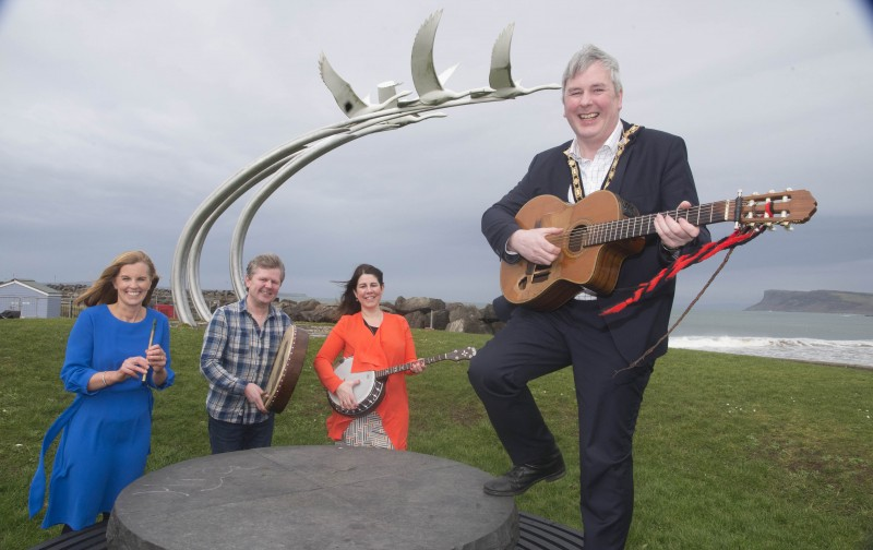 Causeway Coast and Glens Borough Council’s Destination Manager Kerrie McGonigle, traditional musician Michael Sands, Visitor Servicing Officer Caroline Carey and the Mayor of Causeway Coast and Glens Borough Council Councillor Richard Holmes pictured in Ballycastle for the launch of the town’s new Traditional Music Trail.