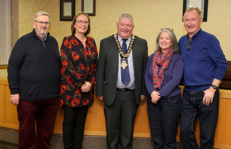 The Mayor of Causeway Coast and Glens Borough Council, Councillor Ivor Wallace, with Friends of Ballycastle Museum members James McCurdy, Eileen Gibney, Melanie Brown and Brian Molloy (Secretary).