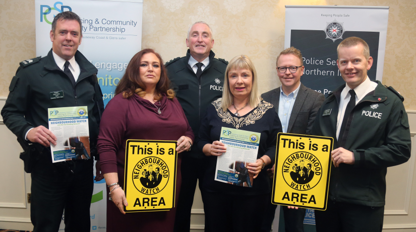 Some of the guest speakers at the Neighbourhood Watch Conference, Ashleen Schenning, Vice Chair of Causeway Coast and Glens PCSP, Judith Lavery, Crime Prevention Officer, Jason Quigley NIFRS, Chief Inspector Ian Magee, Superintendent Jeremy Lindsay, Sergeant David Armour, and PCSP Manager Jonny Donaghy.