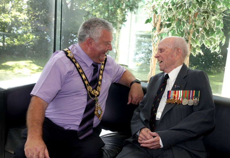 The Mayor of Causeway Coast and Glens Borough Council Councillor Ivor Wallace shares a moment with special guest Norman Irwin.
