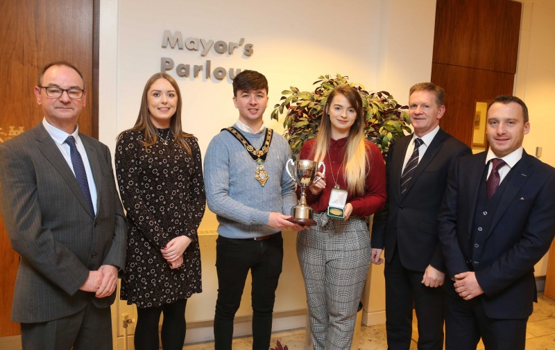 Abigail Reilly, an apprentice plumber at Northern Regional College serving her apprenticeship with Dowds Group, who won the Northern Ireland regional heats of WorldSkills UK to qualify for the LIVE finals in Birmingham. From L - R David Reilly, Abigail's father (who is a pipe welder with Dowds Group) Melissa Cunning, PR & Communications Co-ordinator Dowds Group; Brian Cunning, Director Dowds Group, Wesley Craig, plumbing lecturer, Northern Regional College