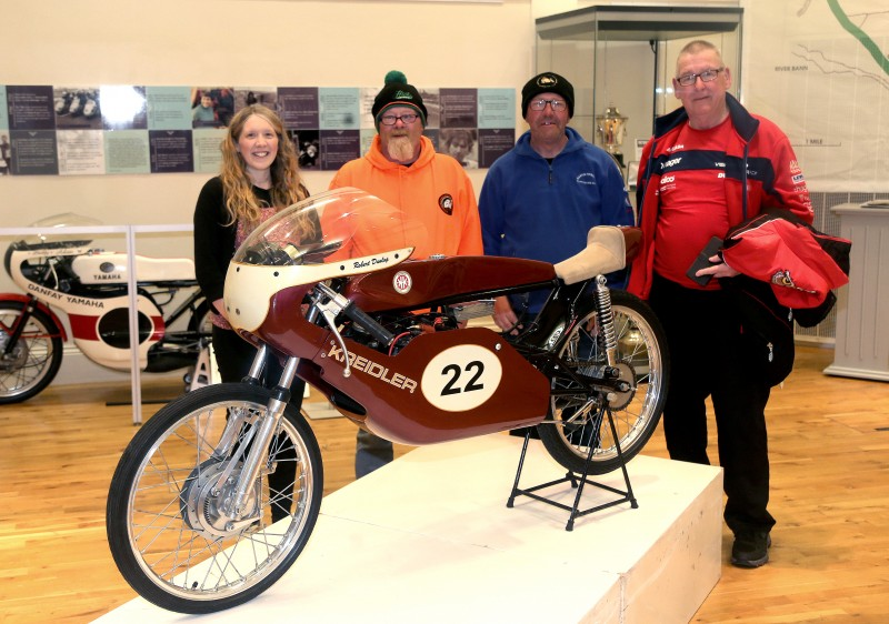 Visitors Shaun Lynch, Declan Cottrell and Michael Singleton (pictured with Jamie Austin, Museum Services Officer) enjoy the new ‘The Race and the Places’ exhibition at Ballymoney Museum.